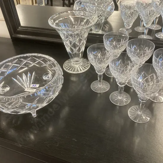 Crystal Vase, 7cm, Tri Footed Dish, Dia20cm, Sherry / Wine Glasses x Six