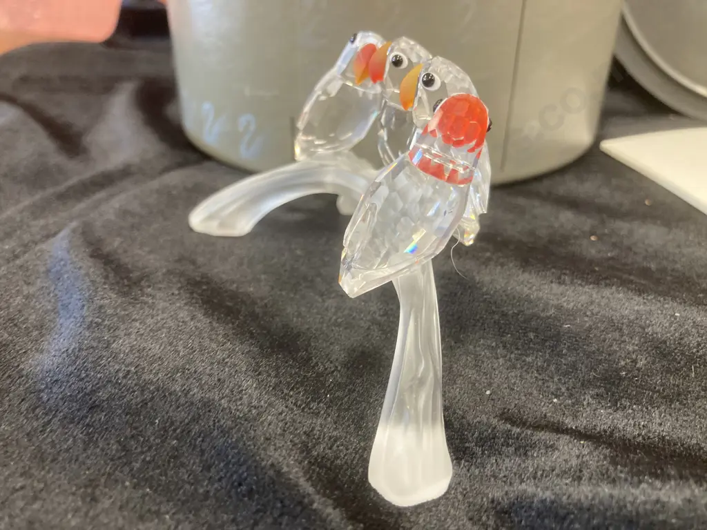 Swarovski Silver Crystal Four Baby Lovebirds on Frosted Branch 7621 NR 000 005, Original Box and Certification Image 1++