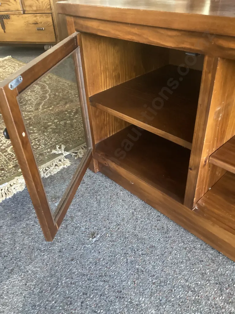 Pine TV Stand / Entertainment Unit, 2 Shelves, Single Glass Door, H62 L124 D51cm Image 1++