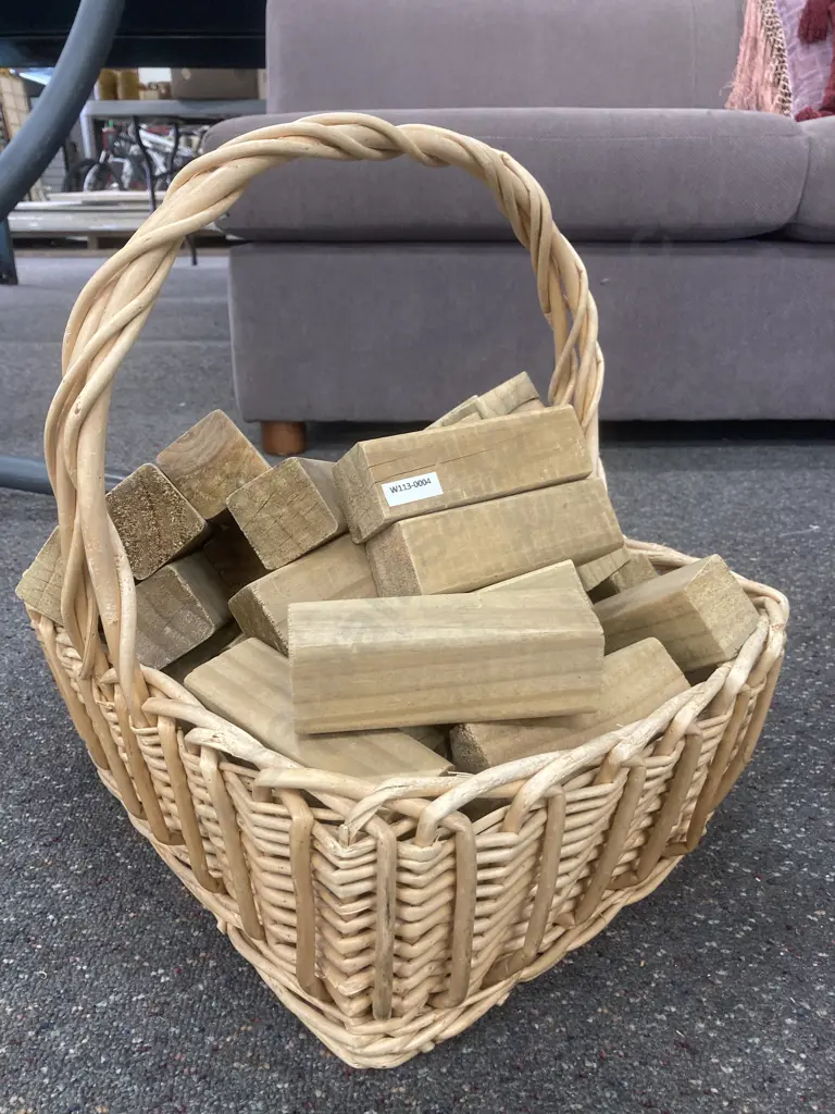 Wooden Jenga Game In Cane Basket, 13 x 4cm Blocks Image 1++
