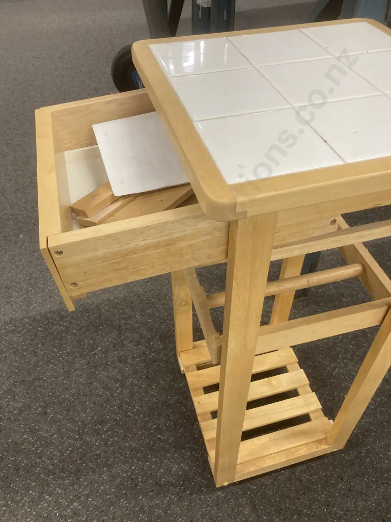 Mobile Kitchen Trolley, Natural, White Tile Square Top, Single Drawer, Wine Rack Etc, H83 L37 D37cm Image 1++