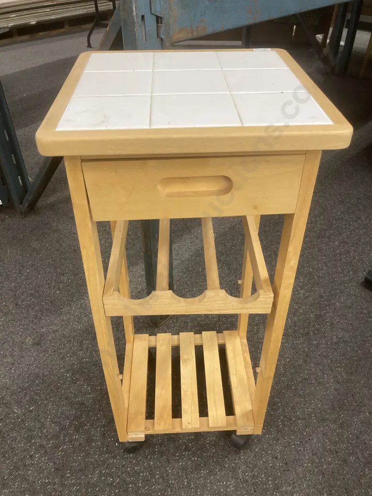 Mobile Kitchen Trolley, Natural, White Tile Square Top, Single Drawer, Wine Rack Etc, H83 L37 D37cm Image 1++
