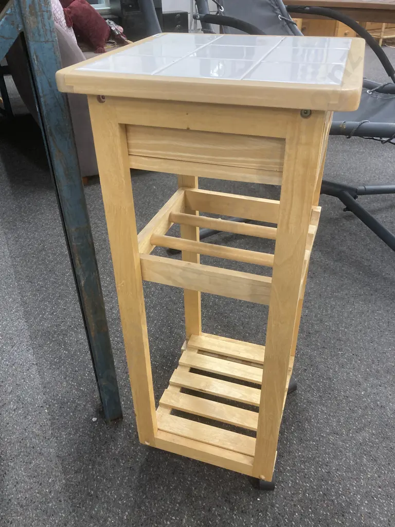 Mobile Kitchen Trolley, Natural, White Tile Square Top, Single Drawer, Wine Rack Etc, H83 L37 D37cm Image 1++