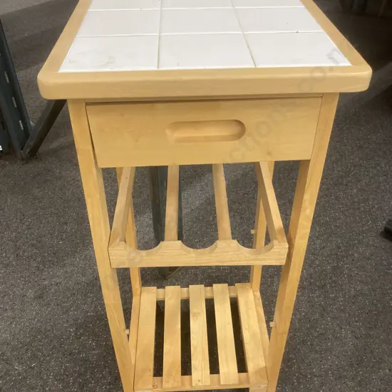 Mobile Kitchen Trolley, Natural, White Tile Square Top, Single Drawer, Wine Rack Etc, H83 L37 D37cm