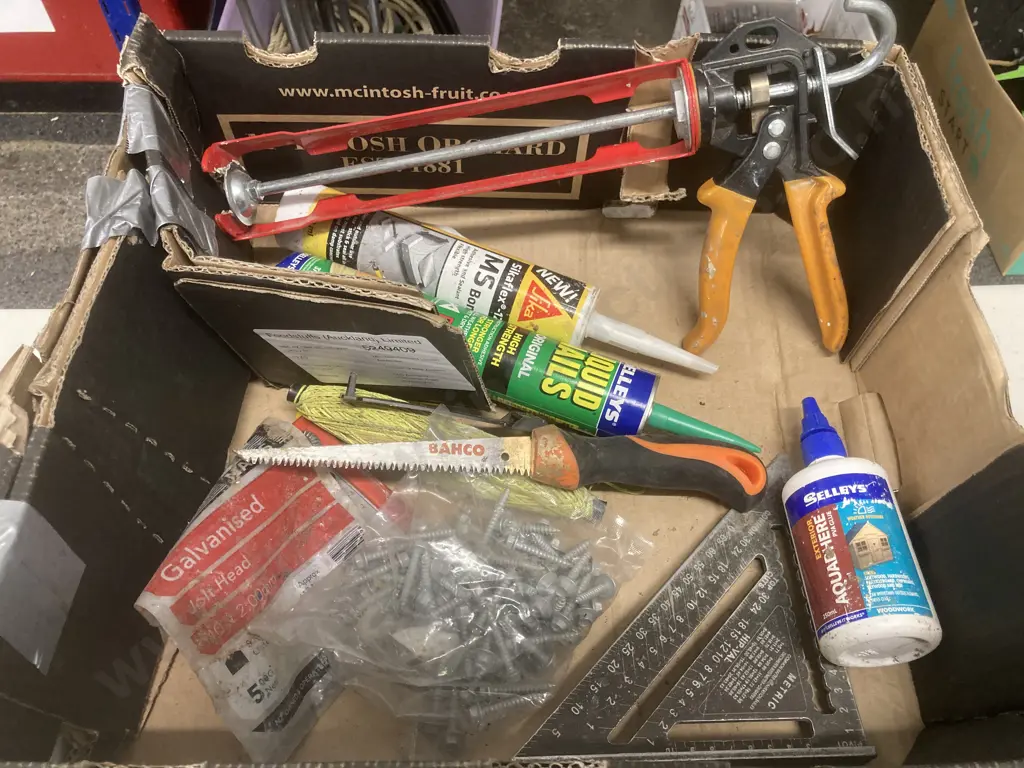 Box Lot BuildPro Black Leather Split Tool Belt, Estwing Hammer, Tape, Caulk Gun, Chisel, Bahco Saw, Tek Screws, Etc Image 1++