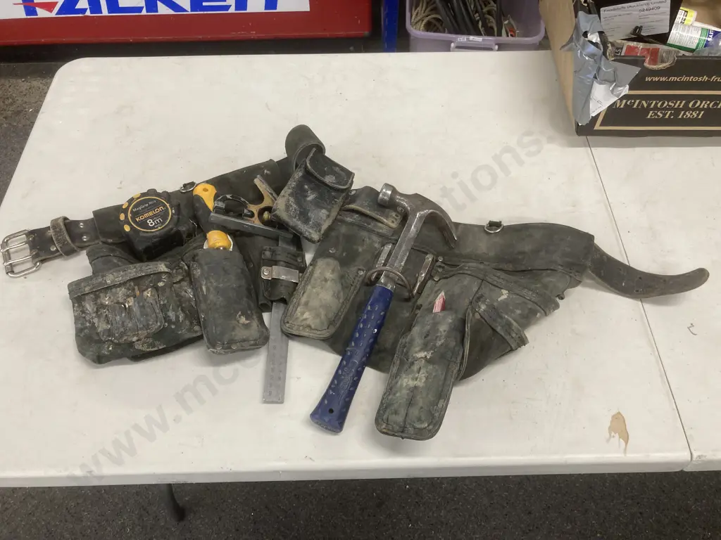 Box Lot BuildPro Black Leather Split Tool Belt, Estwing Hammer, Tape, Caulk Gun, Chisel, Bahco Saw, Tek Screws, Etc Image 1++