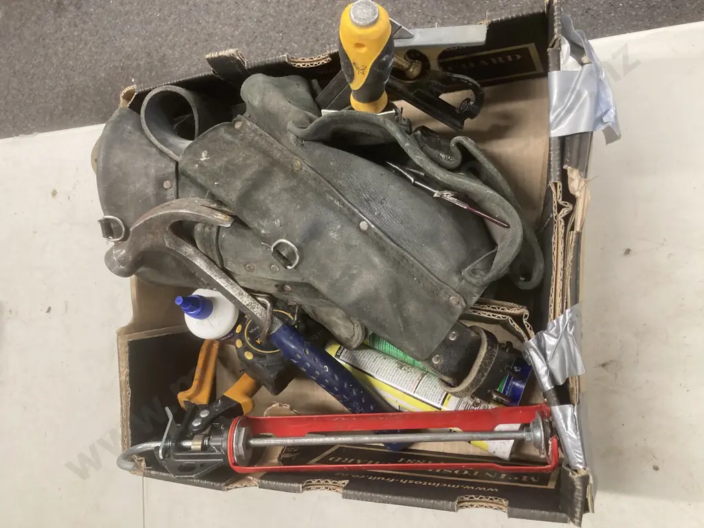 Box Lot BuildPro Black Leather Split Tool Belt, Estwing Hammer, Tape, Caulk Gun, Chisel, Bahco Saw, Tek Screws, Etc Image 1++