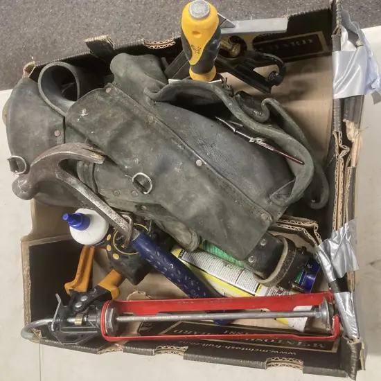 Box Lot BuildPro Black Leather Split Tool Belt, Estwing Hammer, Tape, Caulk Gun, Chisel, Bahco Saw, Tek Screws, Etc