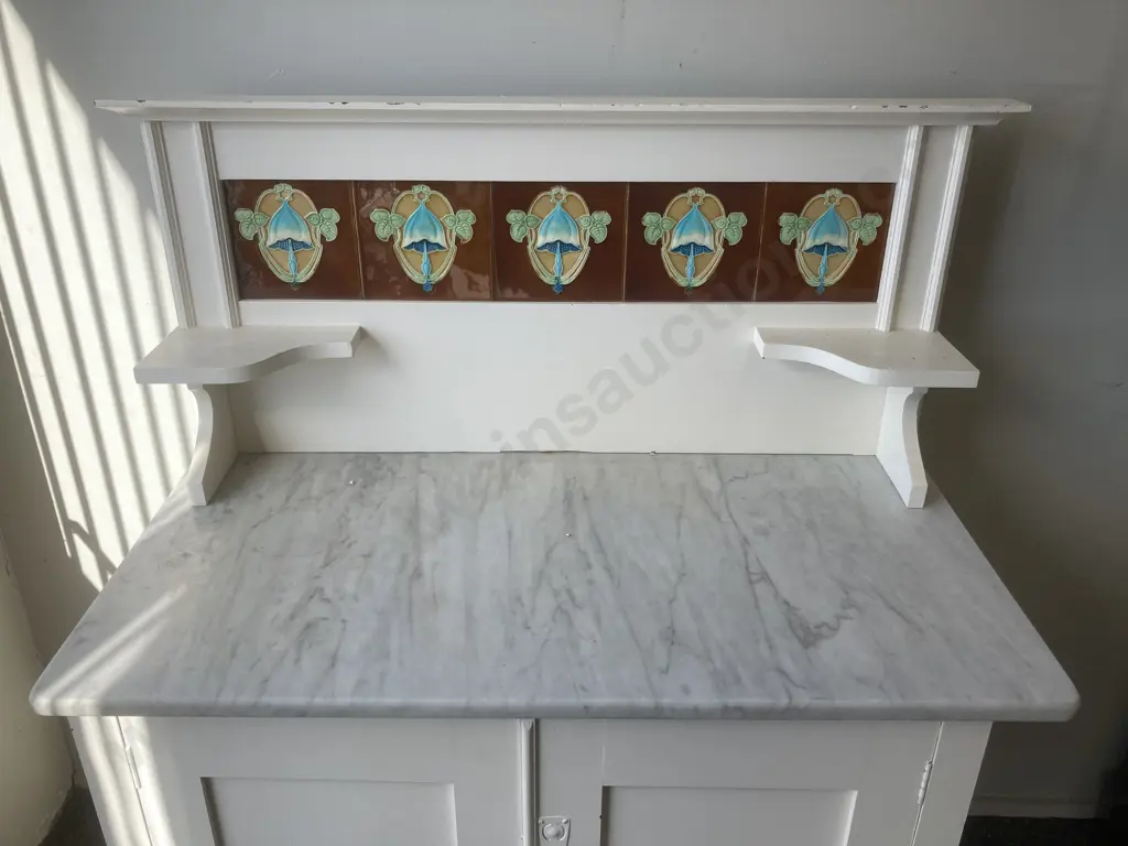 Antique Beech Wash Stand, Cream Marble Top With Decorative Tiles on Back, 2 Door, Original Handles, H115 L97 D46cm Image 1++
