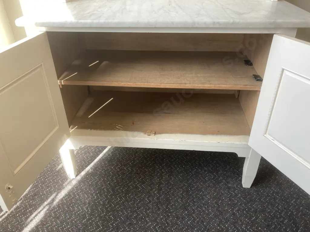 Antique Beech Wash Stand, Cream Marble Top With Decorative Tiles on Back, 2 Door, Original Handles, H115 L97 D46cm Image 1++