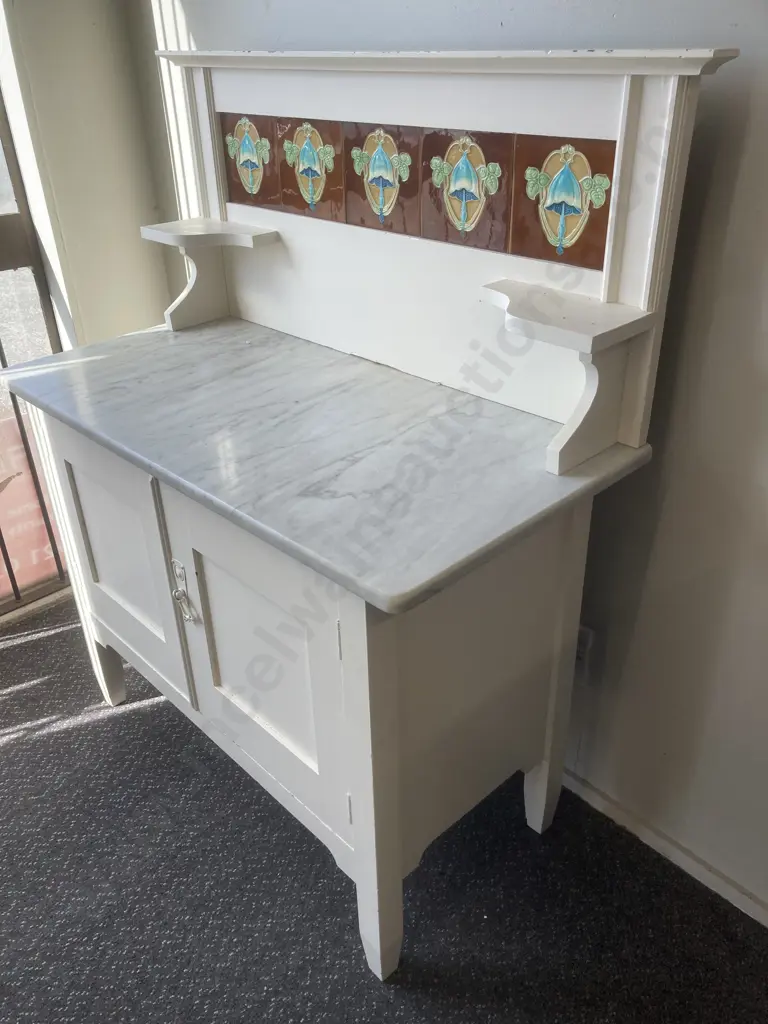 Antique Beech Wash Stand, Cream Marble Top With Decorative Tiles on Back, 2 Door, Original Handles, H115 L97 D46cm Image 1++