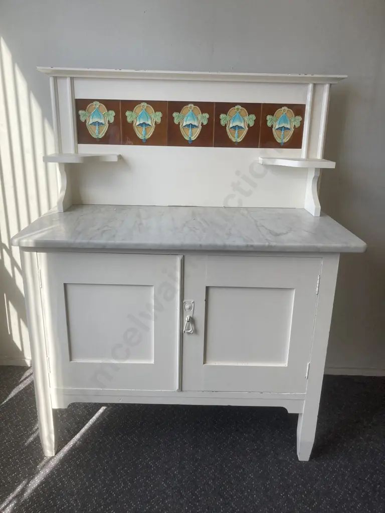Antique Beech Wash Stand, Cream Marble Top With Decorative Tiles on Back, 2 Door, Original Handles, H115 L97 D46cm Image 1++