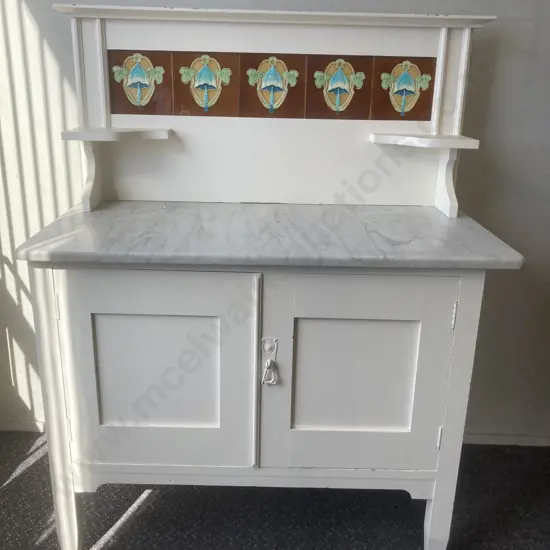 Antique Beech Wash Stand, Cream Marble Top With Decorative Tiles on Back, 2 Door, Original Handles, H115 L97 D46cm
