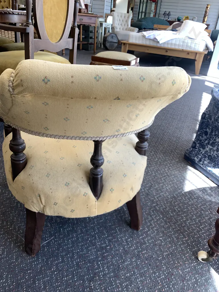 Antique Chair, Armed, Mahogany Framed, Gold patterned Fabric, 67cm x 56cm Image 1++