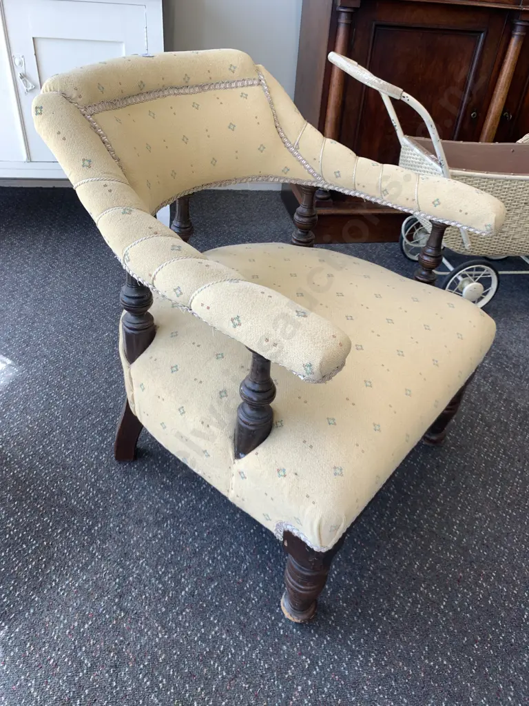 Antique Chair, Armed, Mahogany Framed, Gold patterned Fabric, 67cm x 56cm Image 1++