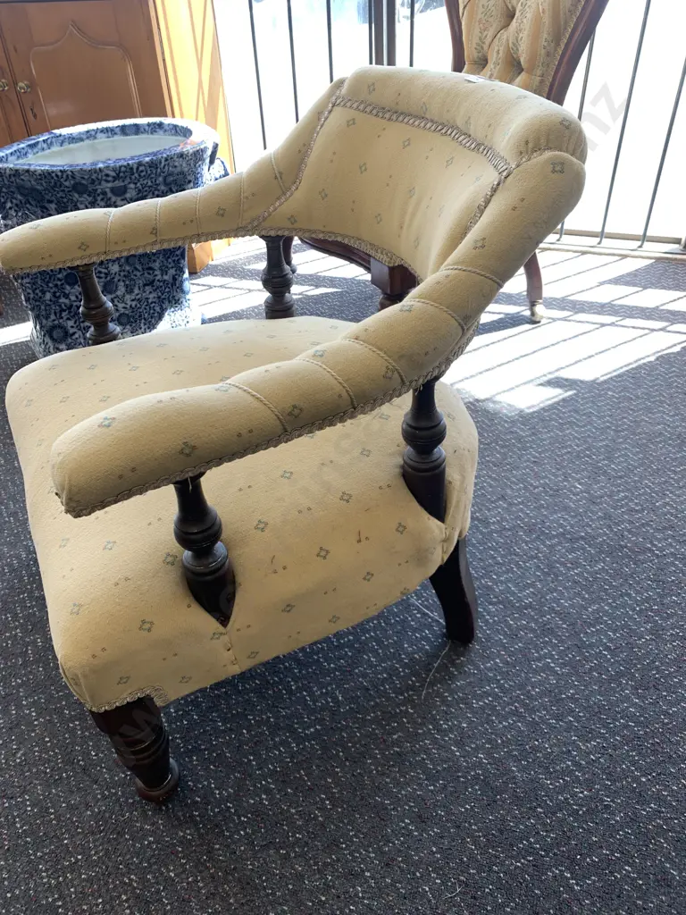 Antique Chair, Armed, Mahogany Framed, Gold patterned Fabric, 67cm x 56cm Image 1++