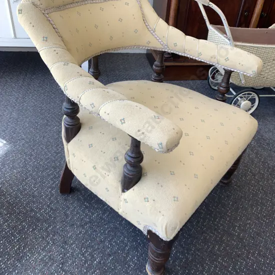 Antique Chair, Armed, Mahogany Framed, Gold patterned Fabric, 67cm x 56cm