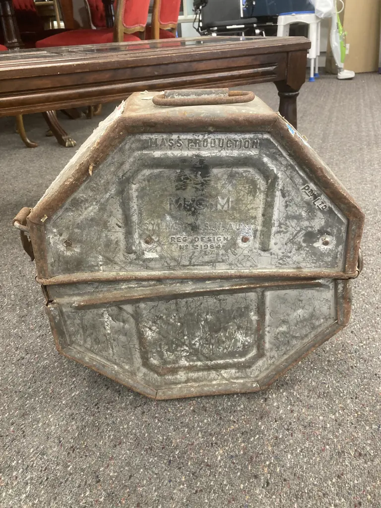 Vintage Industrial Galvanized Steel "MGM" Australia Hinged Film Reel Case With Original Latch And Drop Handle Image 1++