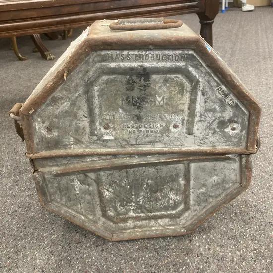 Vintage Industrial Galvanized Steel "MGM" Australia Hinged Film Reel Case With Original Latch And Drop Handle