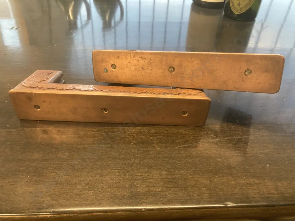 Vintage Wooden Carved Card Holders, Pair of, Solid Copper Base, 10 x 27cm Image 1++