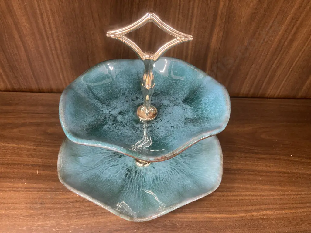 Vintage Blue Mountain Pottery Blue Green Glazed Two Tier Candy Dish With Handle Image 1++