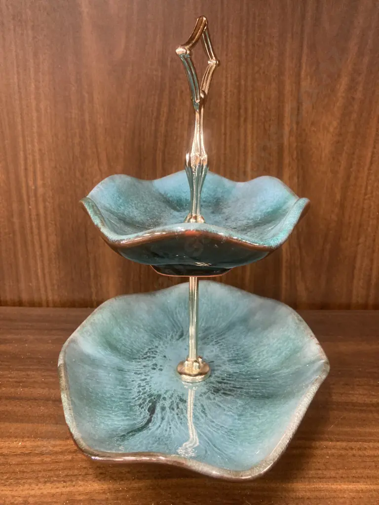 Vintage Blue Mountain Pottery Blue Green Glazed Two Tier Candy Dish With Handle Image 1++