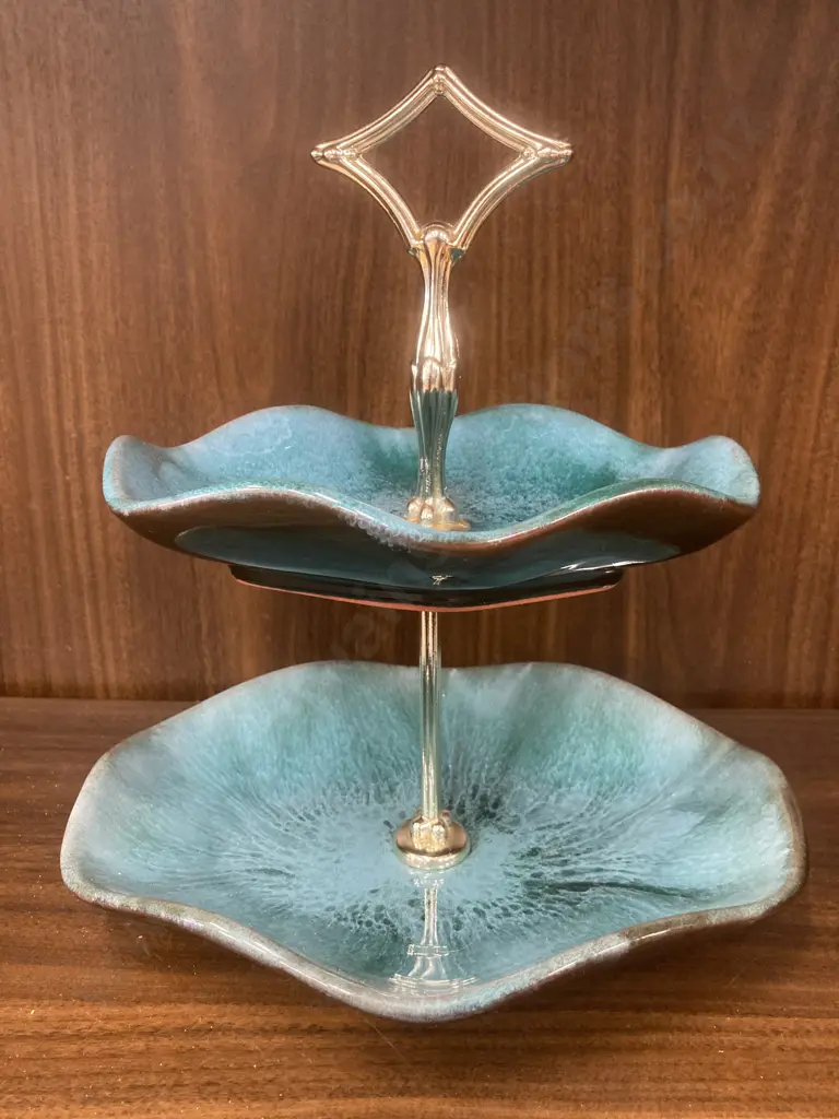 Vintage Blue Mountain Pottery Blue Green Glazed Two Tier Candy Dish With Handle Image 1++
