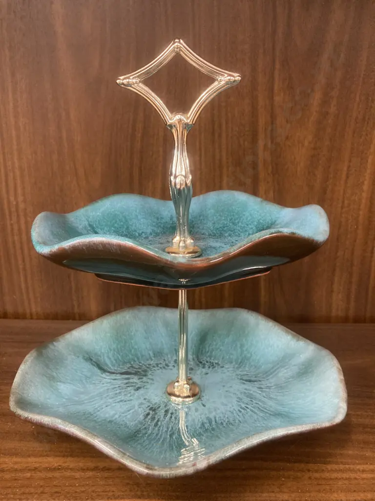 Vintage Blue Mountain Pottery Blue Green Glazed Two Tier Candy Dish With Handle Image 1++