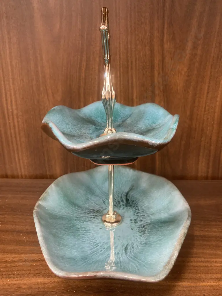 Vintage Blue Mountain Pottery Blue Green Glazed Two Tier Candy Dish With Handle Image 1++