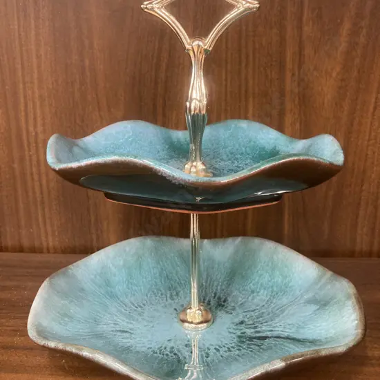 Vintage Blue Mountain Pottery Blue Green Glazed Two Tier Candy Dish With Handle