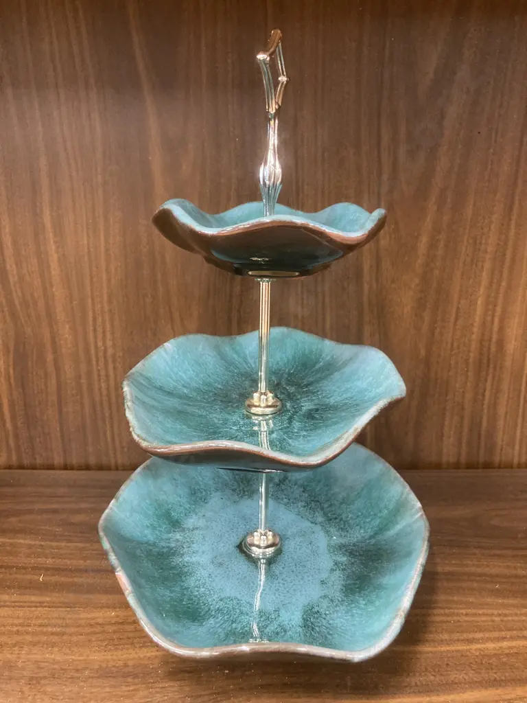 Vintage Blue Mountain Pottery Blue Green Glazed Three Tier Candy Dish With Handle, H37cm Image 1++