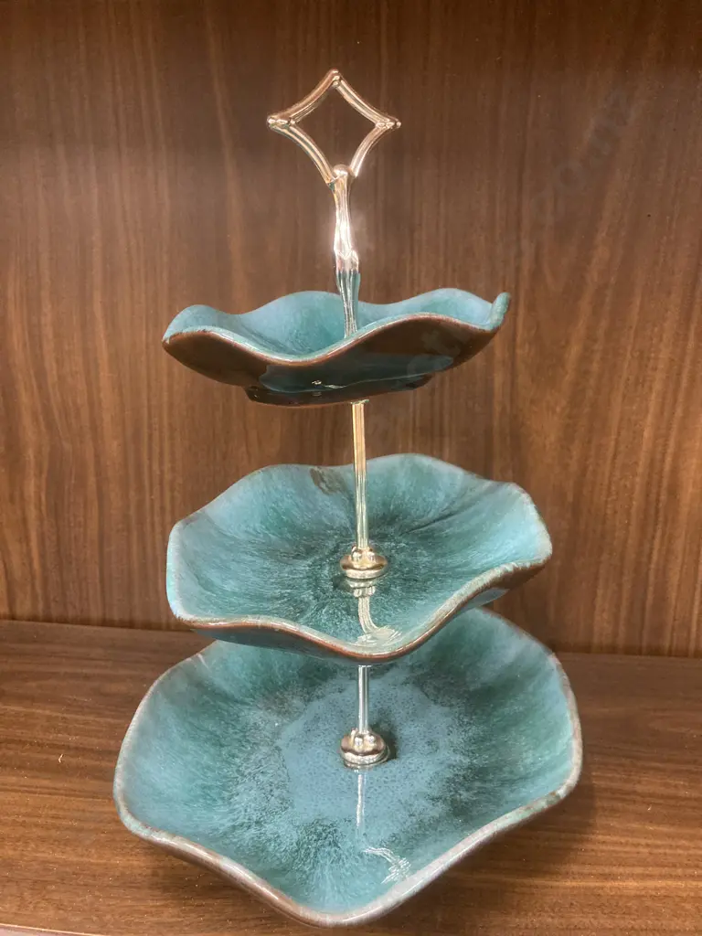 Vintage Blue Mountain Pottery Blue Green Glazed Three Tier Candy Dish With Handle, H37cm Image 1++