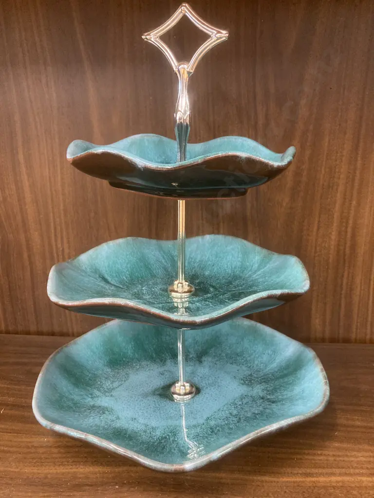 Vintage Blue Mountain Pottery Blue Green Glazed Three Tier Candy Dish With Handle, H37cm Image 1++