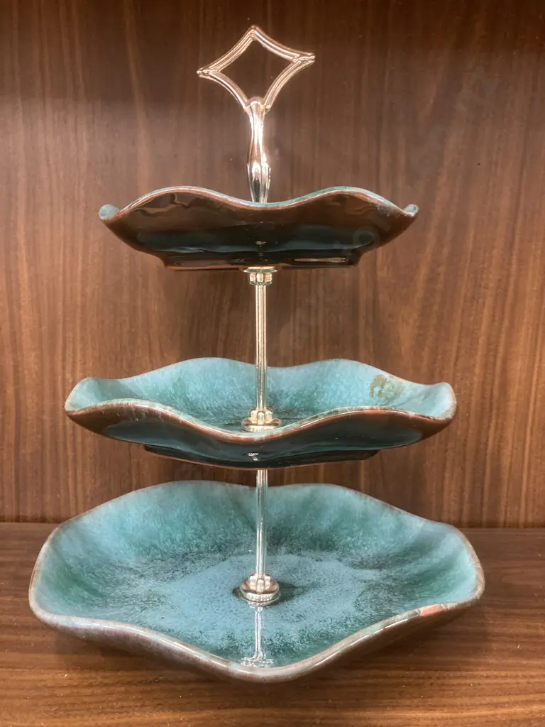 Vintage Blue Mountain Pottery Blue Green Glazed Three Tier Candy Dish With Handle, H37cm Image 1++