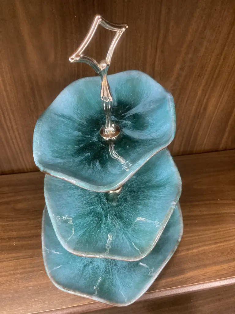 Vintage Blue Mountain Pottery Blue Green Glazed Three Tier Candy Dish With Handle, H37cm Image 1++