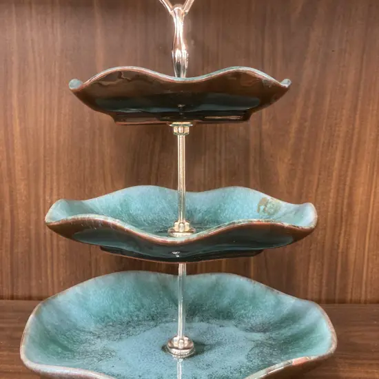 Vintage Blue Mountain Pottery Blue Green Glazed Three Tier Candy Dish With Handle, H37cm