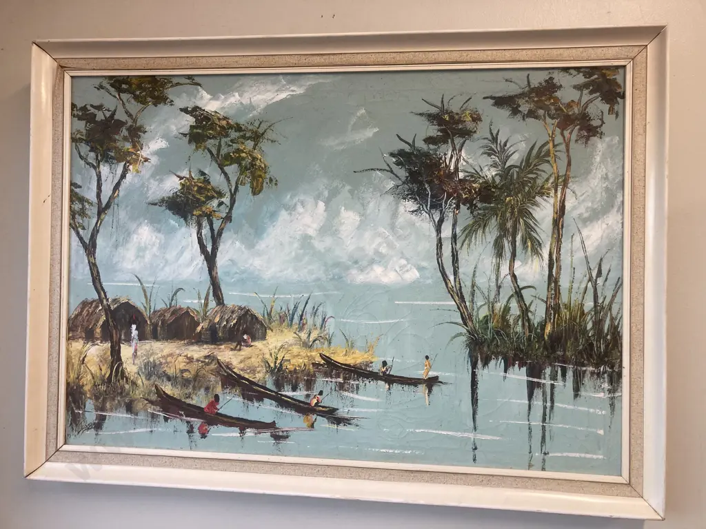 Vintage Artwork, African Scene in Cream Frame Image 1++