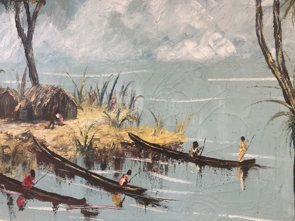 Vintage Artwork, African Scene in Cream Frame Image 1++