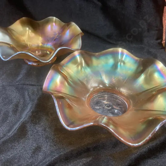 Antique Daisy Dear Marigold Carnival Glass Ruffled Bowls by Dugan, Pair Of, H6.5 Dia18.5cm