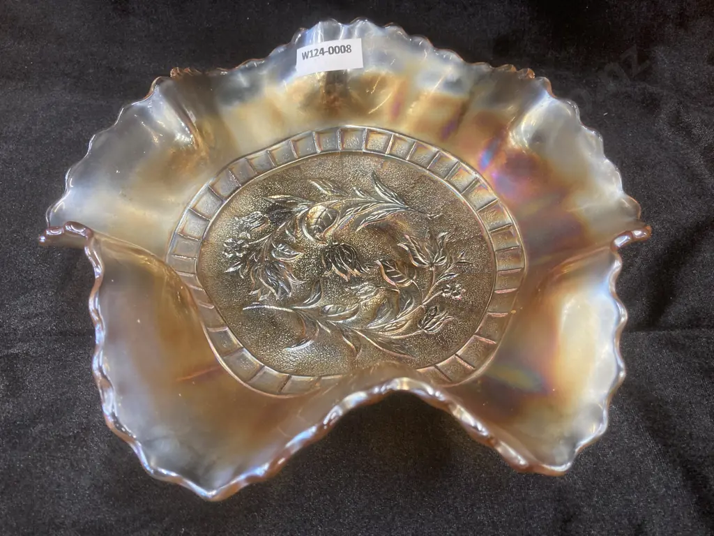 Antique Windflower Marigold Carnival Glass Ruffled Bowl by Dugan, Dia22cm Image 1++