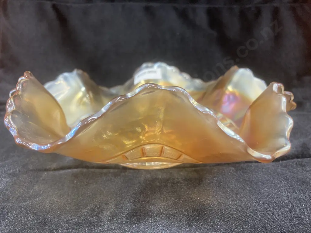 Antique Windflower Marigold Carnival Glass Ruffled Bowl by Dugan, Dia22cm Image 1++