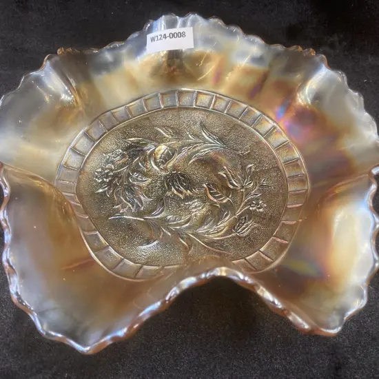 Antique Windflower Marigold Carnival Glass Ruffled Bowl by Dugan, Dia22cm