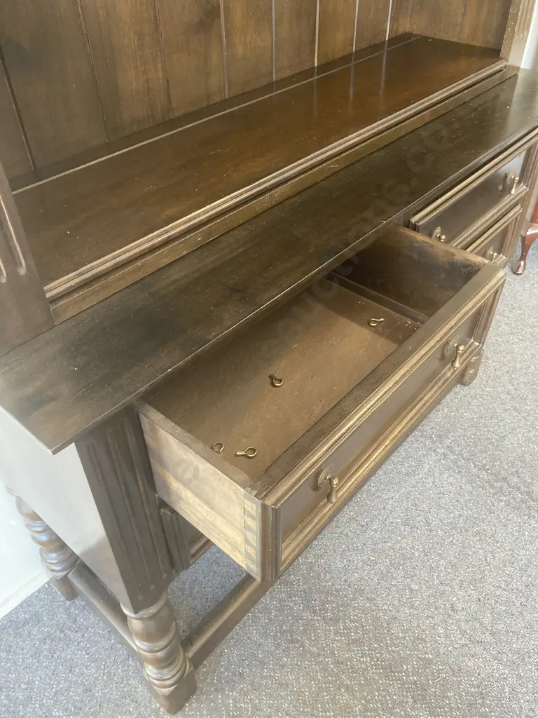 Vintage Kenyan Solid Wood Wall Unit, Original Drop Handles, Tongue & Groove Back, Adjustable Shelves, 2 Piece Image 1++
