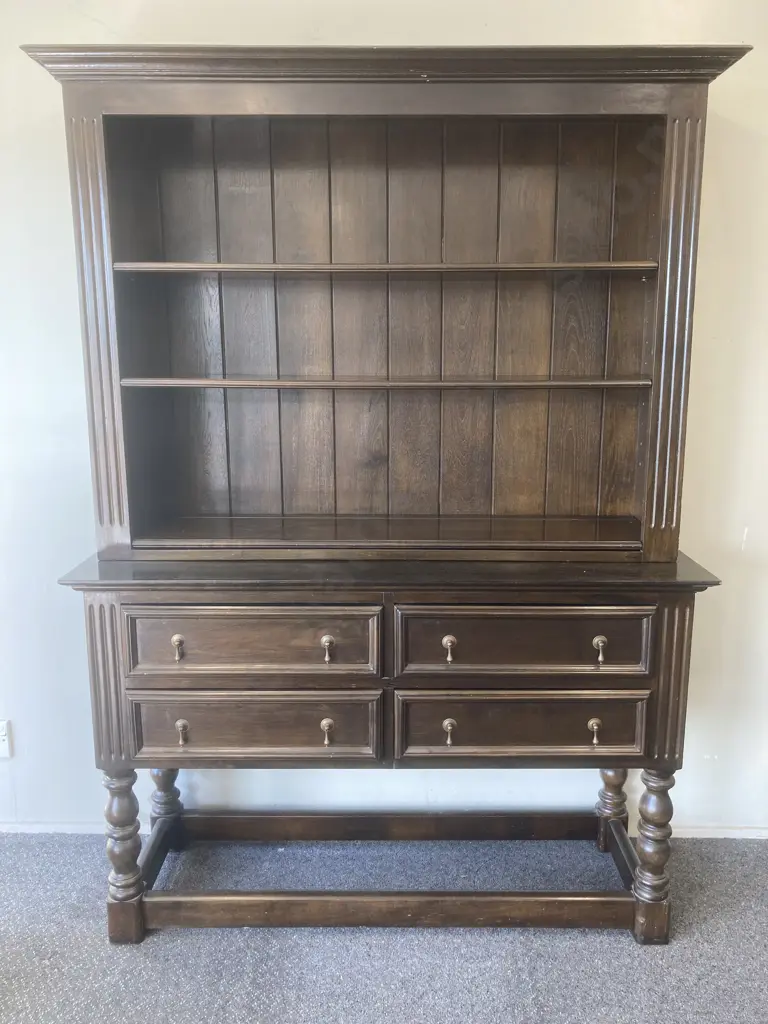 Vintage Kenyan Solid Wood Wall Unit, Original Drop Handles, Tongue & Groove Back, Adjustable Shelves, 2 Piece Image 1++