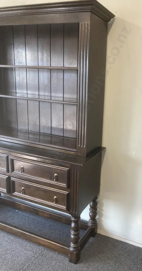 Vintage Kenyan Solid Wood Wall Unit, Original Drop Handles, Tongue & Groove Back, Adjustable Shelves, 2 Piece Image 1++