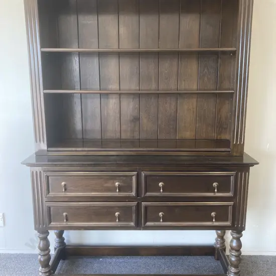 Vintage Kenyan Solid Wood Wall Unit, Original Drop Handles, Tongue & Groove Back, Adjustable Shelves, 2 Piece