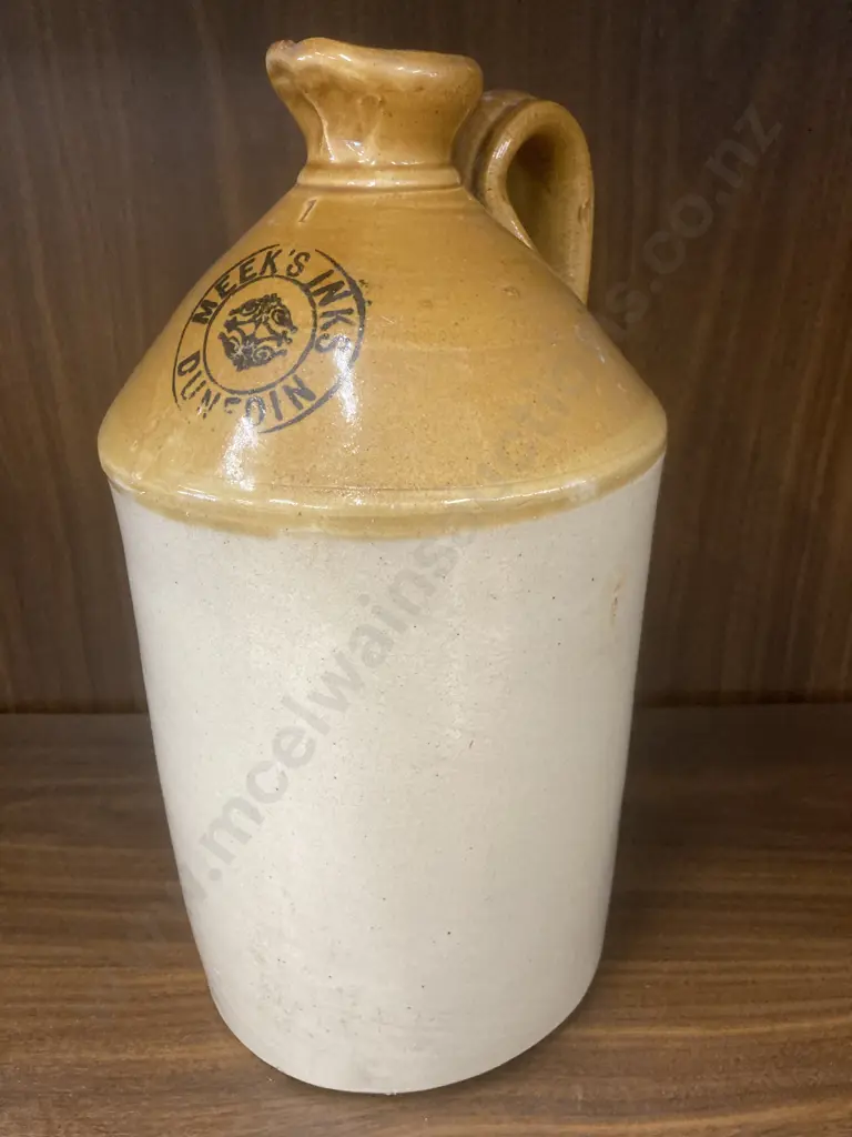 Antique 'Meeks Inks Dunedin' Stoneware Jug, Tan Top, Single Handle, H33 Dia18cm Image 1++