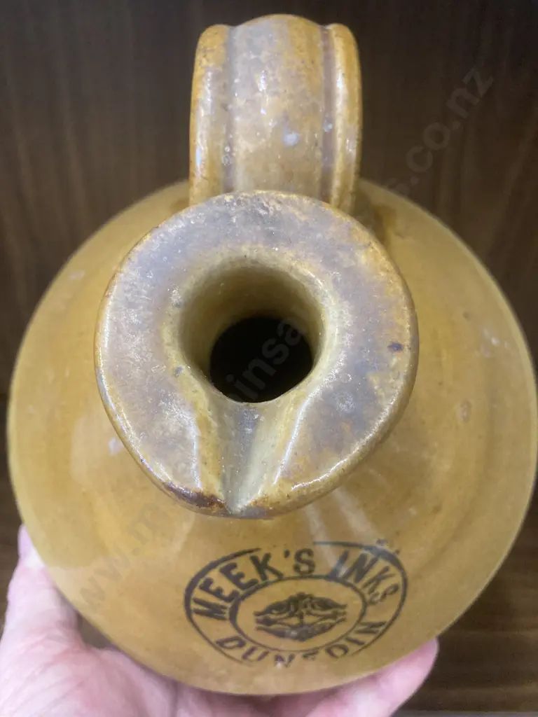 Antique 'Meeks Inks Dunedin' Stoneware Jug, Tan Top, Single Handle, H33 Dia18cm Image 1++