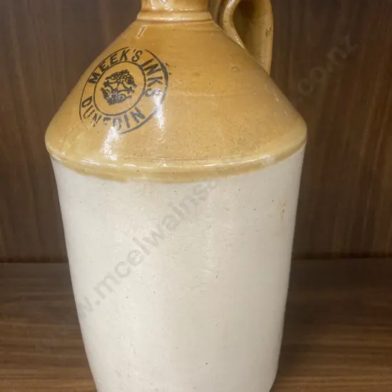 Antique 'Meeks Inks Dunedin' Stoneware Jug, Tan Top, Single Handle, H33 Dia18cm