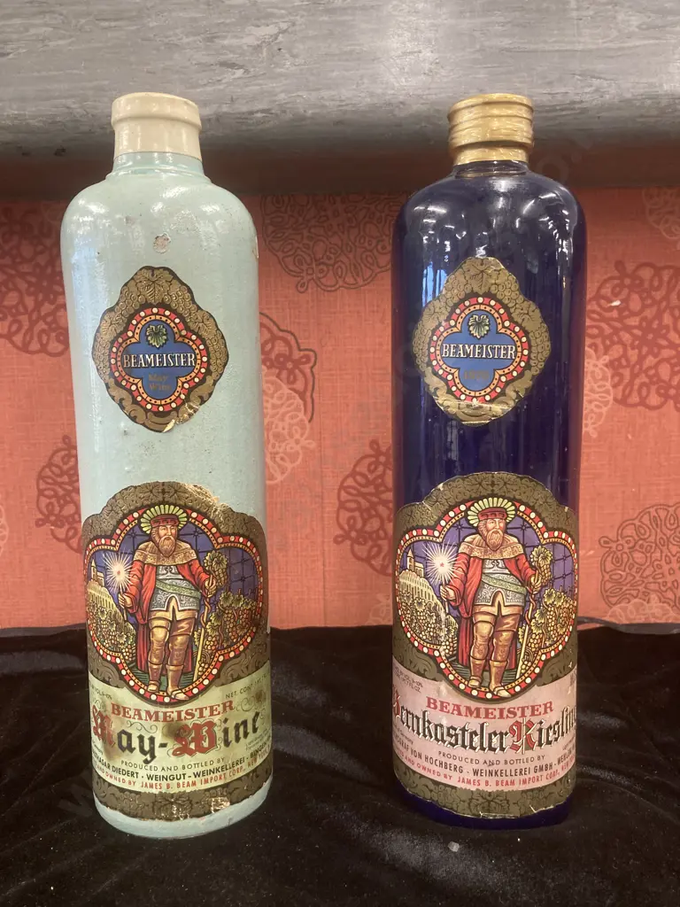Vintage Collectable Stoneware Beameister Bernkastler Reisling & May-Wine Bottles, Unopened, James Beam Image 1++